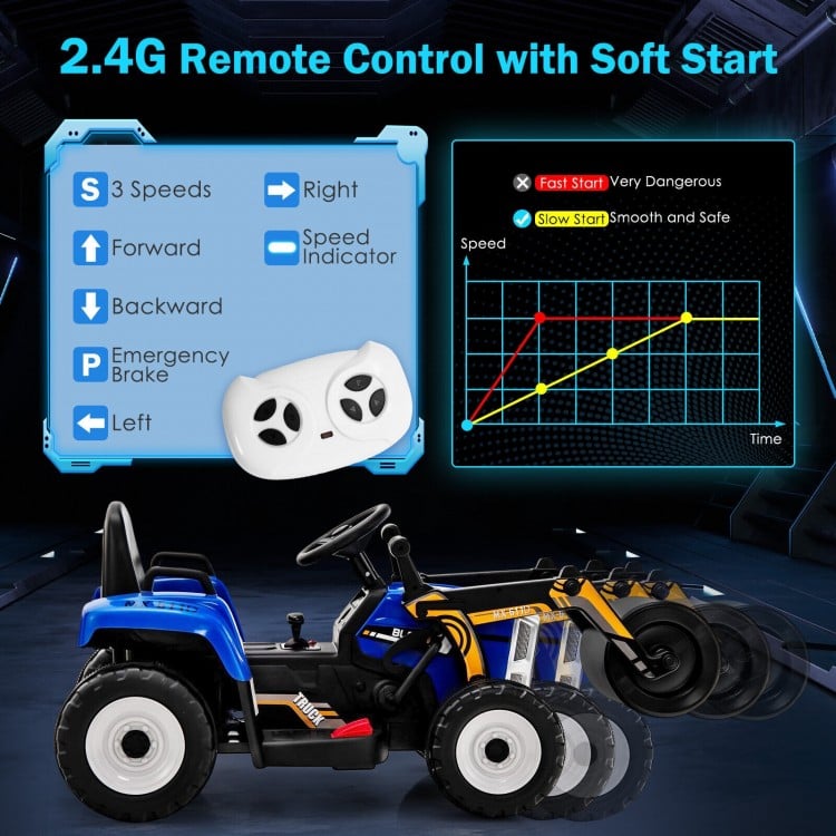 12V kids ride on road roller in blue with 2.4G remote control, featuring adjustable drum roller and safety seat.