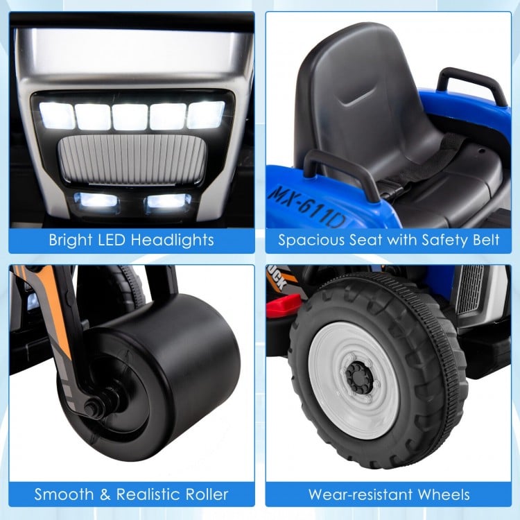 Bright LED headlights and spacious seat with safety belt on the 12V kids ride on road roller for safe, fun driving.