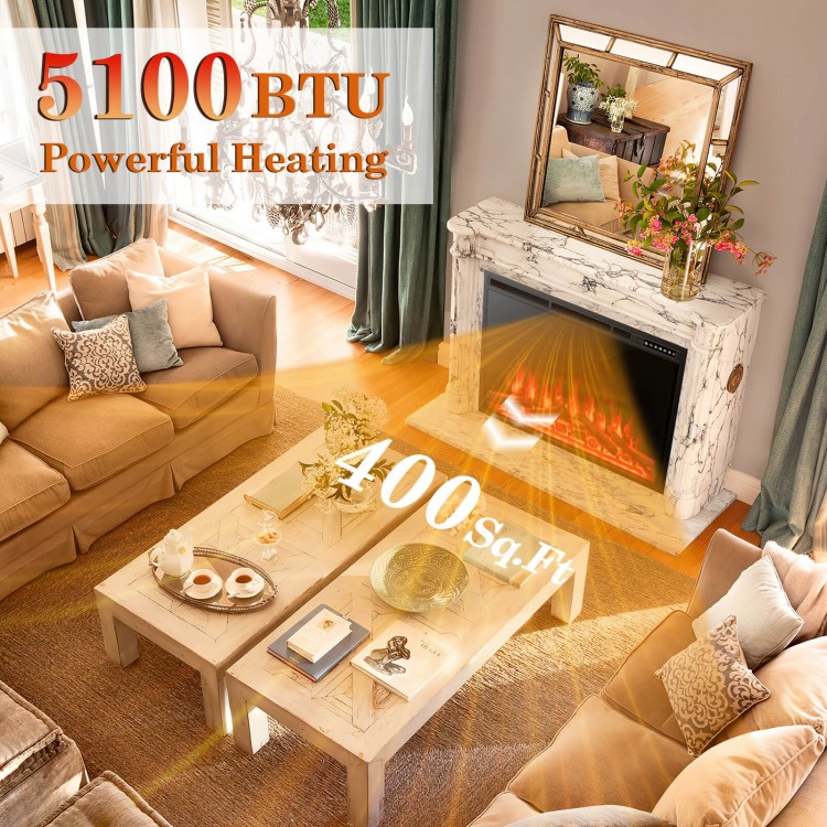 Recessed electric fireplace with adjustable flames, 5100 BTU, heating up to 400 sq. ft., featuring 4 flame colors.