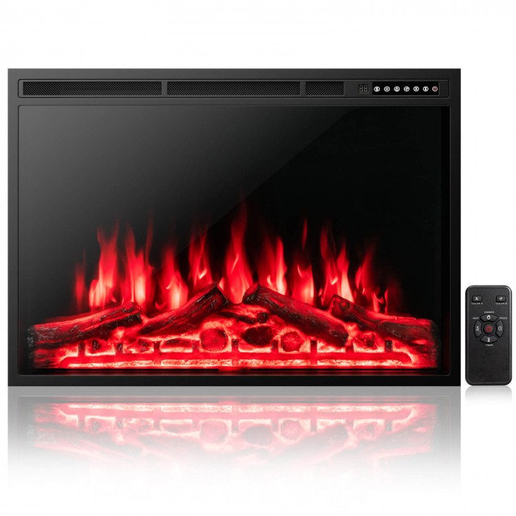 34-inch recessed electric fireplace with adjustable flames, remote control, and customizable heating for cozy ambiance.