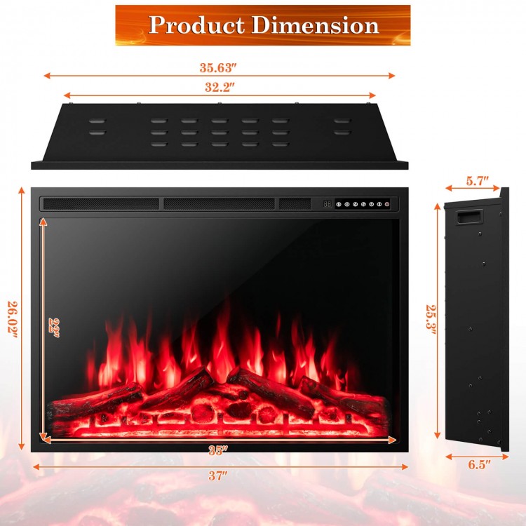 Recessed electric fireplace dimensions with adjustable flames, featuring 4 flame colors and 5100 BTU heat output.