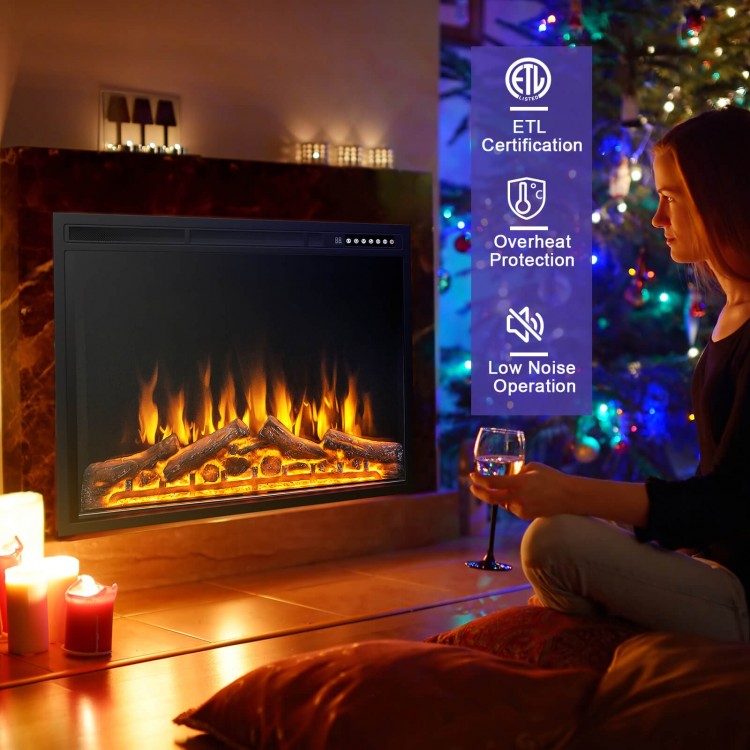 Recessed electric fireplace with adjustable flames, featuring 4 flame colors and low noise operation for cozy ambiance.