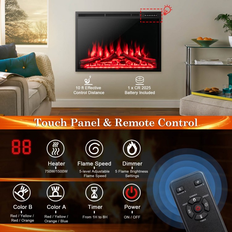 34-inch electric fireplace with adjustable flames, remote control, and 750W/1500W heat settings for cozy warmth.