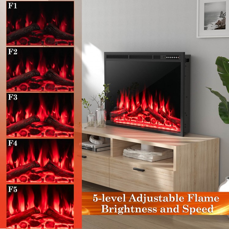 Electric fireplace with adjustable flames, featuring 5 brightness levels and remote control for cozy year-round warmth.