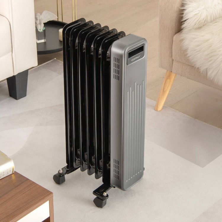 Portable 1500W oil-filled radiator heater in black with universal wheels, ideal for home and office warmth.