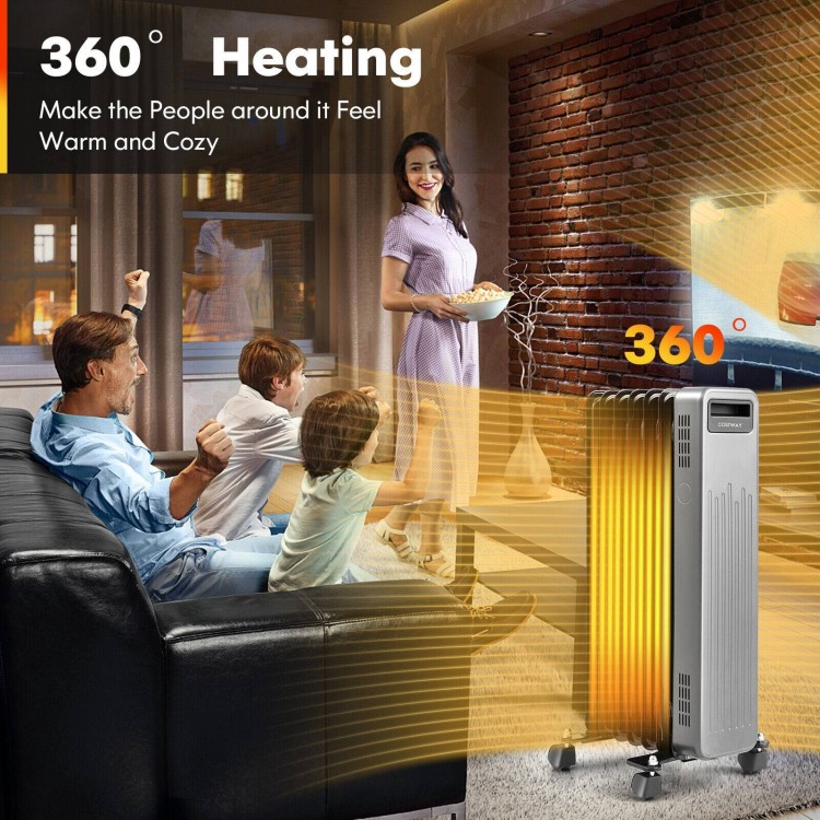 Portable oil-filled radiator heater in black with 360° heating, ideal for home and office warmth and comfort.