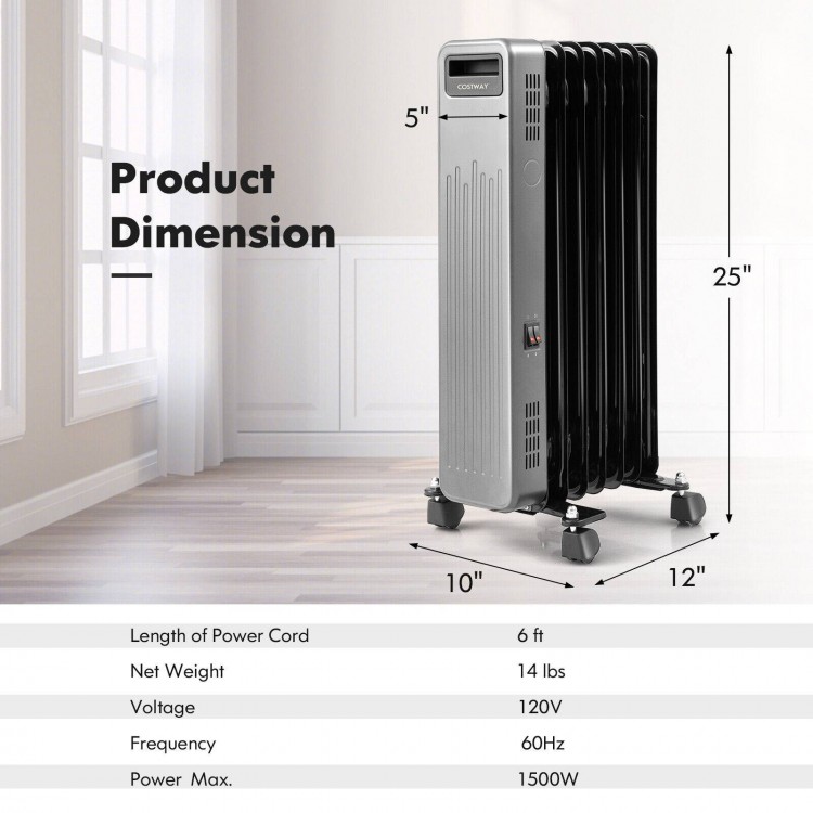 Portable oil-filled radiator heater in black, 1500W, with 3 heat settings and universal wheels for easy mobility.