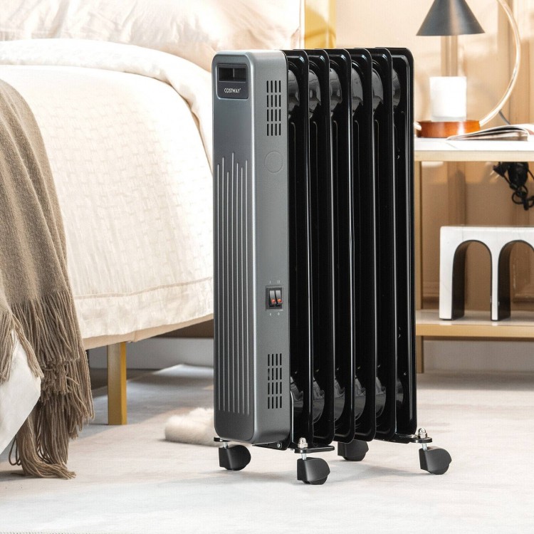 Portable oil-filled radiator heater in black, featuring 1500W power, 3 heat settings, and universal wheels for easy.
