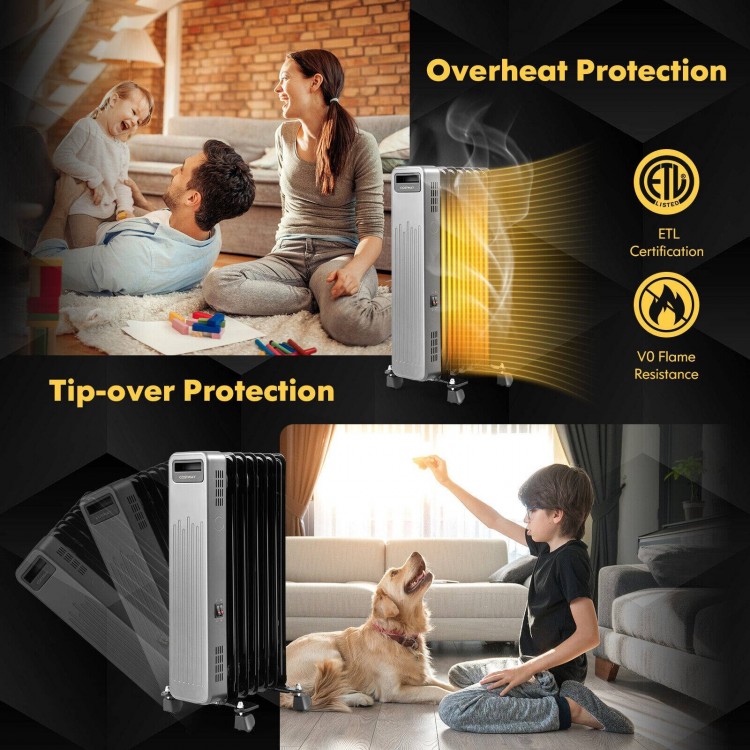 1500W portable oil-filled radiator heater in black with tip-over and overheat protection for safe, efficient heating.
