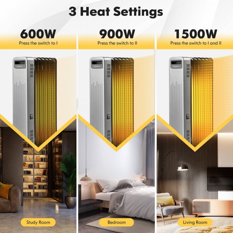 1500W portable oil-filled radiator heater with 3 heat settings, ideal for home and office use, featuring universal.
