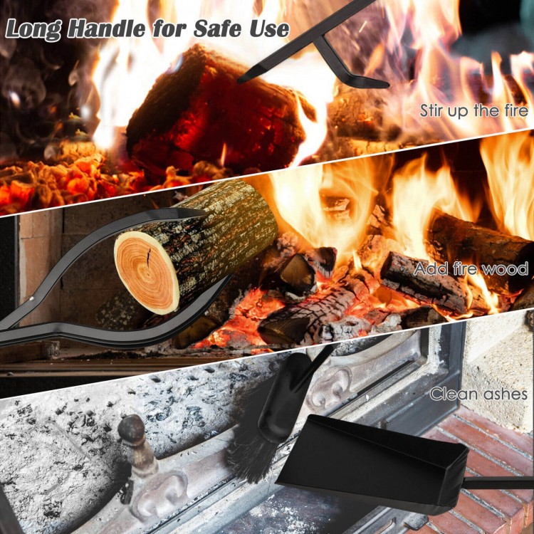 Wrought iron fireplace tool set with tongs, poker, brush, and shovel for safe fire management and ash cleaning.