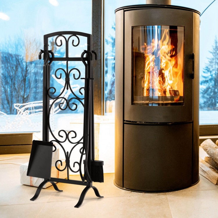 5-piece black wrought iron fireplace tool set with decorative holder, including brush, poker, shovel, and tongs for.