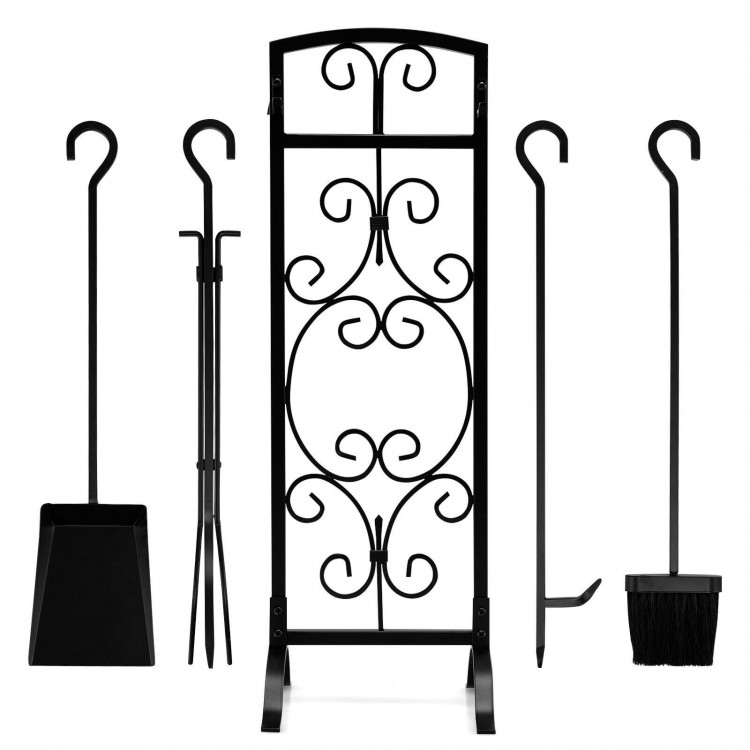 5-piece black wrought iron fireplace tool set with holder, including brush, poker, shovel, and tongs for efficient use.