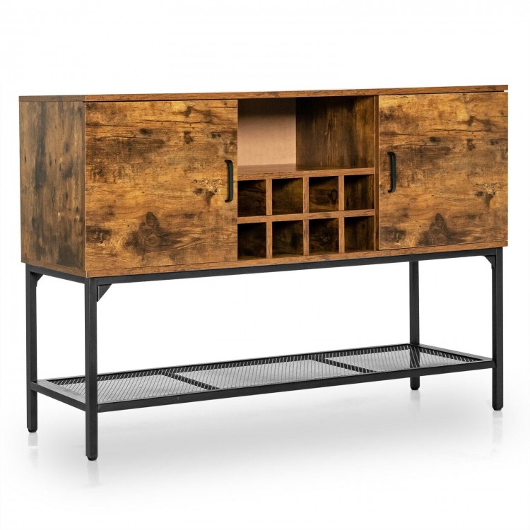 Industrial kitchen buffet sideboard in rustic brown with wine rack, two doors, and metal mesh shelf for organization.