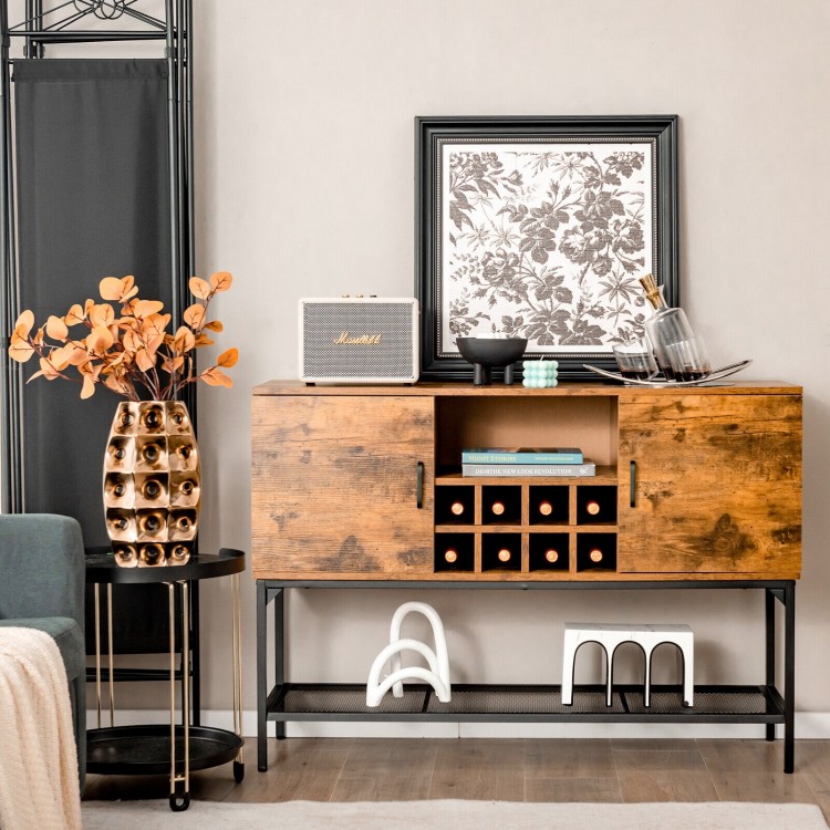 Industrial kitchen buffet sideboard in rustic brown with wine rack, two doors, and metal mesh shelf for stylish.