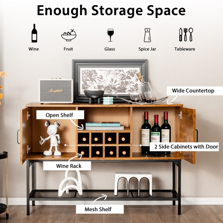 Industrial kitchen buffet sideboard in rustic brown with wine rack, open shelf, and two door cabinets for versatile.