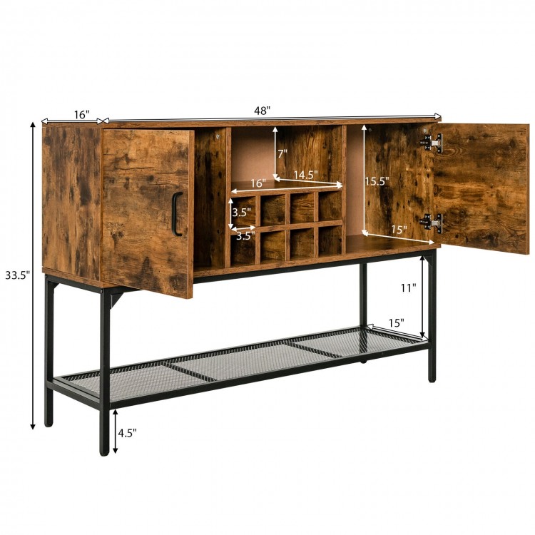 Industrial kitchen buffet sideboard in rustic brown with wine rack, two doors, and metal mesh shelf for storage.