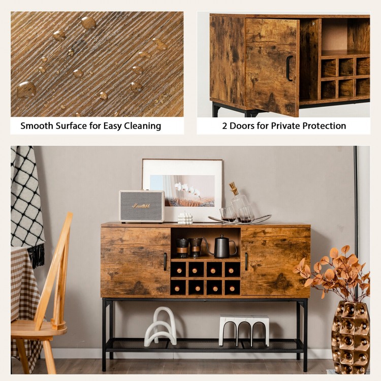 Industrial kitchen buffet sideboard in rustic brown with wine rack, 2 doors, and smooth, easy-to-clean surface.