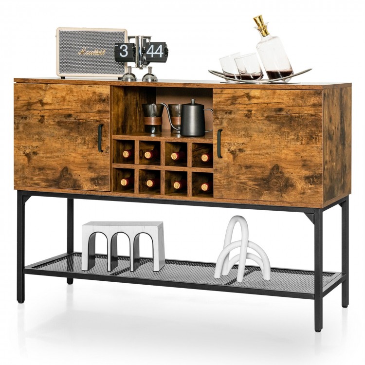 Rustic brown industrial kitchen buffet sideboard with wine rack, two doors, and metal mesh shelf for organized storage.