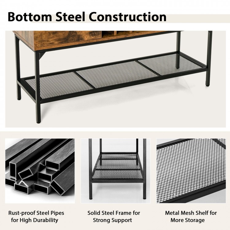 Bottom steel construction of the Industrial Kitchen Buffet Sideboard, featuring a metal mesh shelf for ventilation and.