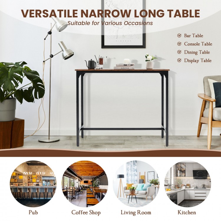 48-inch industrial pub dining table in rustic brown with a steel frame, suitable for dining rooms and cafes.