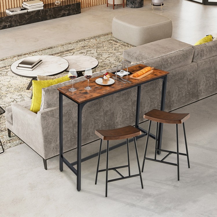 Industrial 48-inch pub dining table with a rustic brown top and steel frame, perfect for kitchen or living room use.