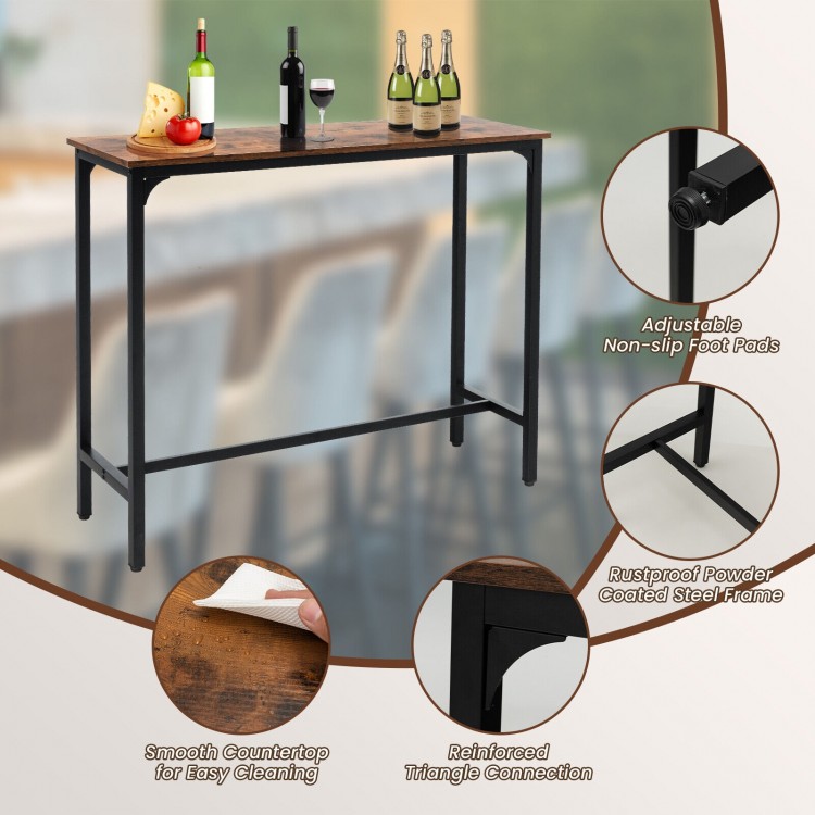 Industrial 48-inch pub dining table in rustic brown with a steel frame, adjustable foot pads, perfect for dining or.