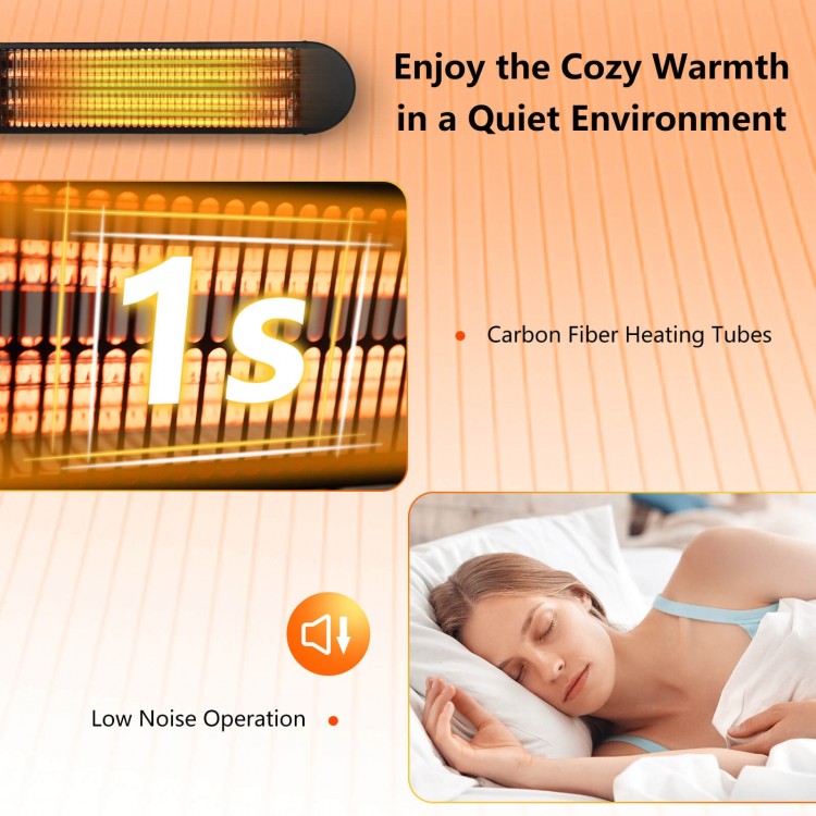 Wall mounted infrared heater with carbon fiber tubes, 750W/1500W options, remote control, and quiet operation for.