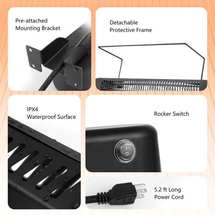 Close-up of the 750W/1500W wall-mounted infrared heater's detachable protective frame and waterproof surface features.