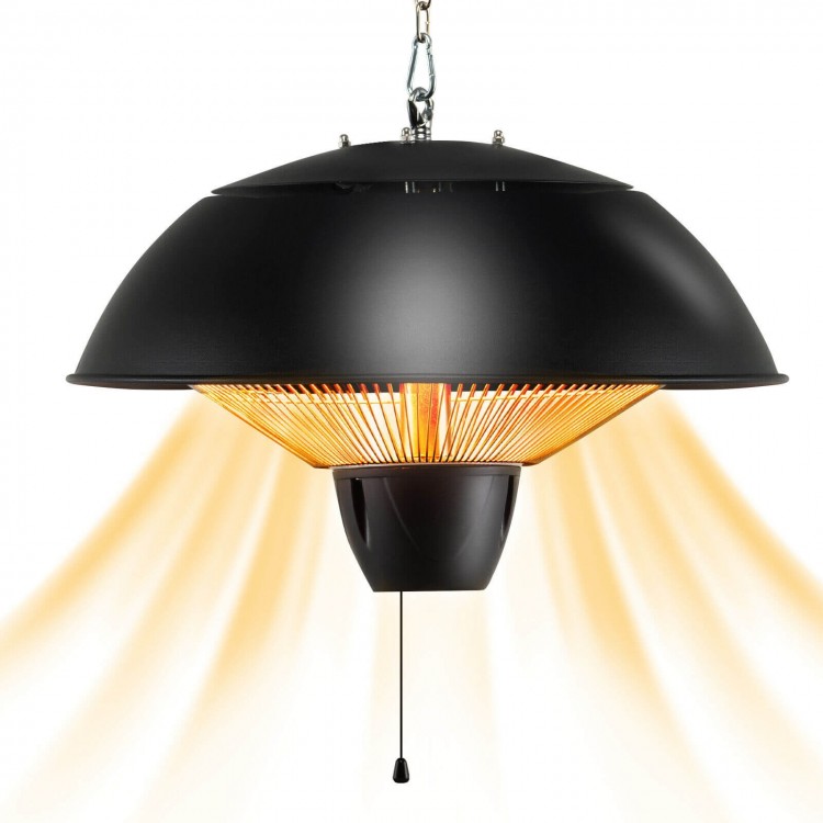 1500W electric patio heater with IPX4 waterproof design, featuring halogen tubes for 360° heating and quiet operation.