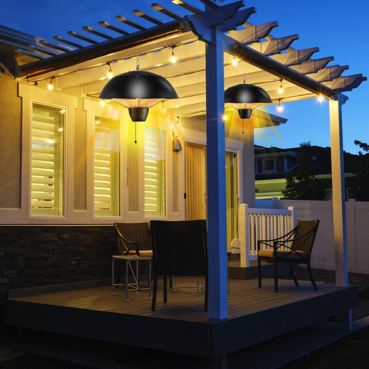 1500W electric patio heater with IPX4 waterproof design, providing 360° warmth and hanging light for outdoor gatherings.