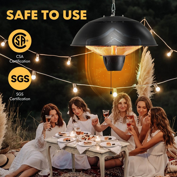 1500W electric patio heater with IPX4 waterproof design, providing 360° warmth for outdoor gatherings and safety.