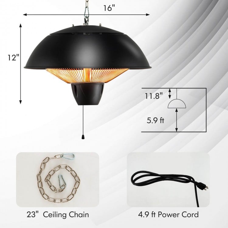 1500W electric patio heater with IPX4 waterproof design, featuring a 23" ceiling chain and 4.9 ft power cord for easy.