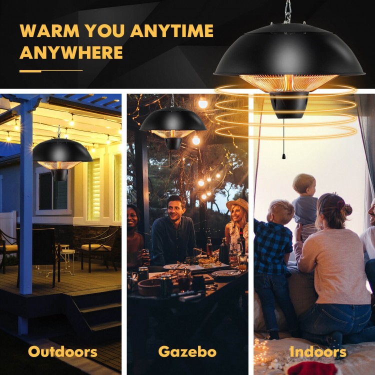 1500W electric patio heater with IPX4 waterproof design, providing 360° warmth for outdoor and indoor use.