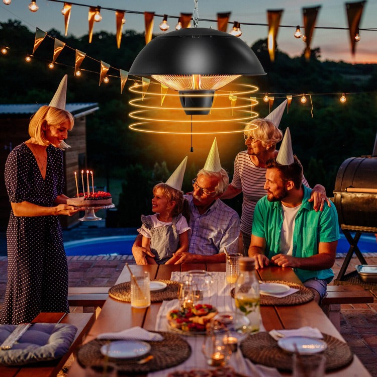 1500W electric patio heater with IPX4 waterproof design, providing 360° warmth and light for outdoor gatherings.
