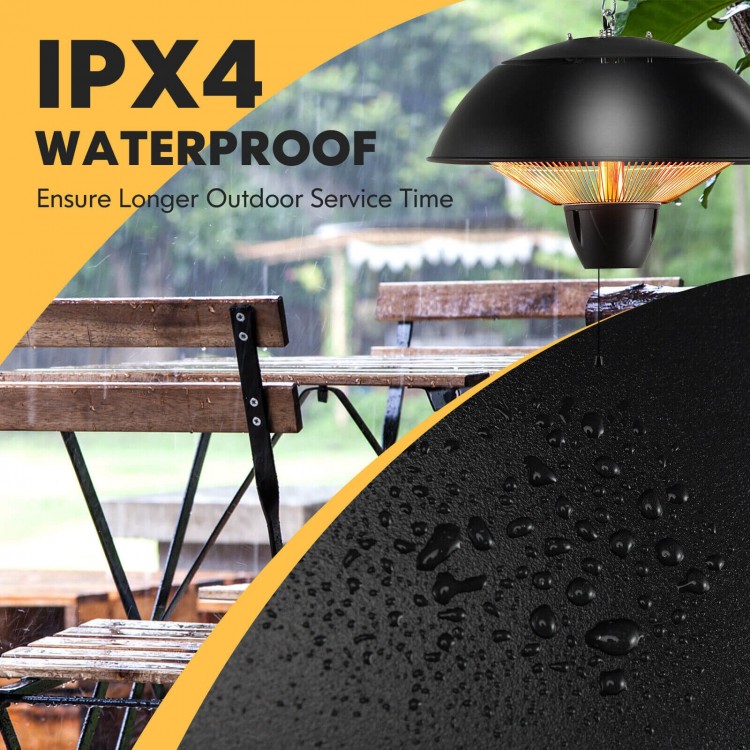 1500W electric patio heater with IPX4 waterproof design, ideal for outdoor use and providing 360° cozy warmth.