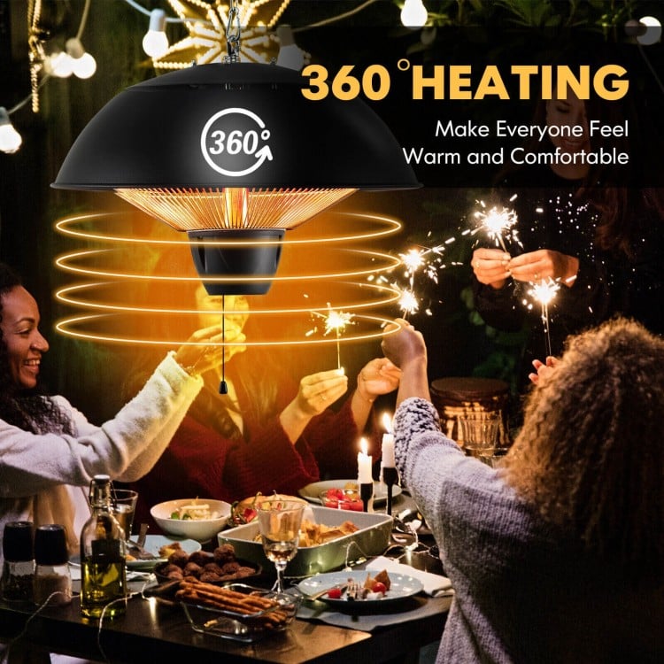 1500W electric patio heater with 360° heating, perfect for outdoor gatherings, featuring a waterproof design and quiet.