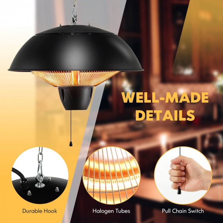 Electric patio heater with halogen tubes, durable hook, and pull chain switch for cozy outdoor warmth.