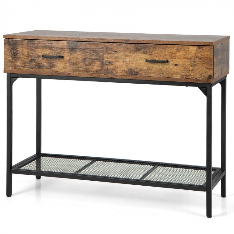 Industrial console table with rustic brown finish, featuring 2 drawers and a wire shelf, perfect for small spaces.