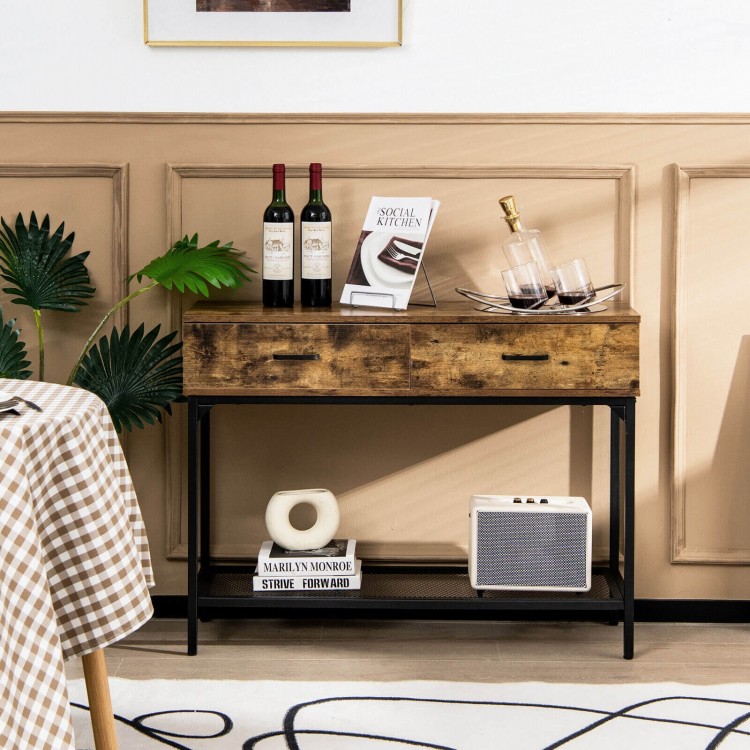 Industrial console table with rustic brown finish, featuring 2 drawers and a steel frame, perfect for small spaces.