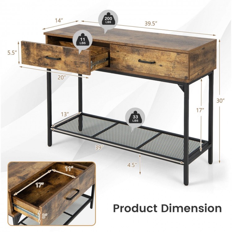 Industrial console table with rustic brown finish, featuring 2 drawers and a wire shelf for small space storage.