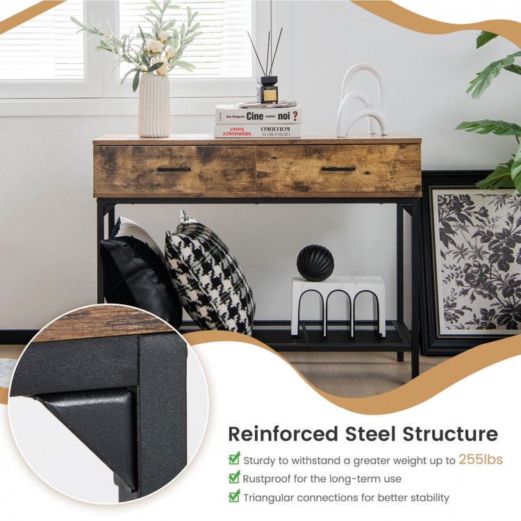 Industrial console table with 2 drawers and steel frame in rustic brown, perfect for small spaces and stylish storage.