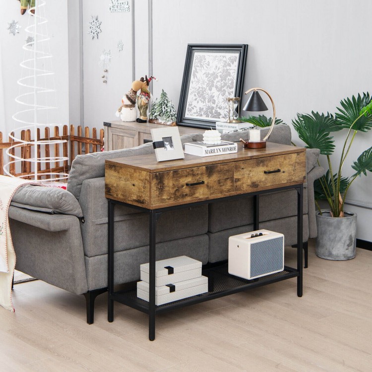 Rustic brown 2-drawer industrial console table with steel frame, perfect for small spaces in living rooms or entryways.