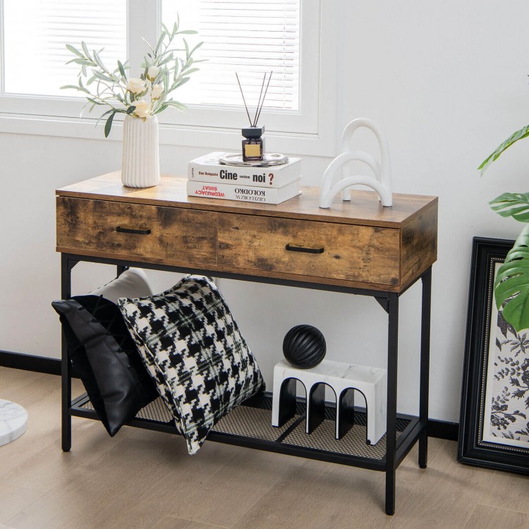 Slim industrial console table in rustic brown with wire shelf and drawers, perfect for stylish storage in small spaces.