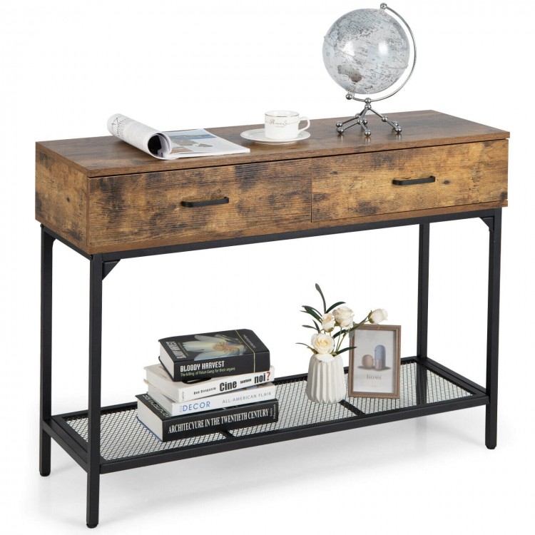 Rustic brown industrial console table with two drawers and wire shelf, perfect for small spaces and versatile decor.