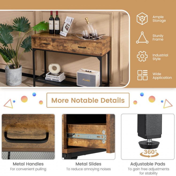 Rustic brown 2-drawer industrial console table with steel frame, ideal for small spaces and versatile home use.