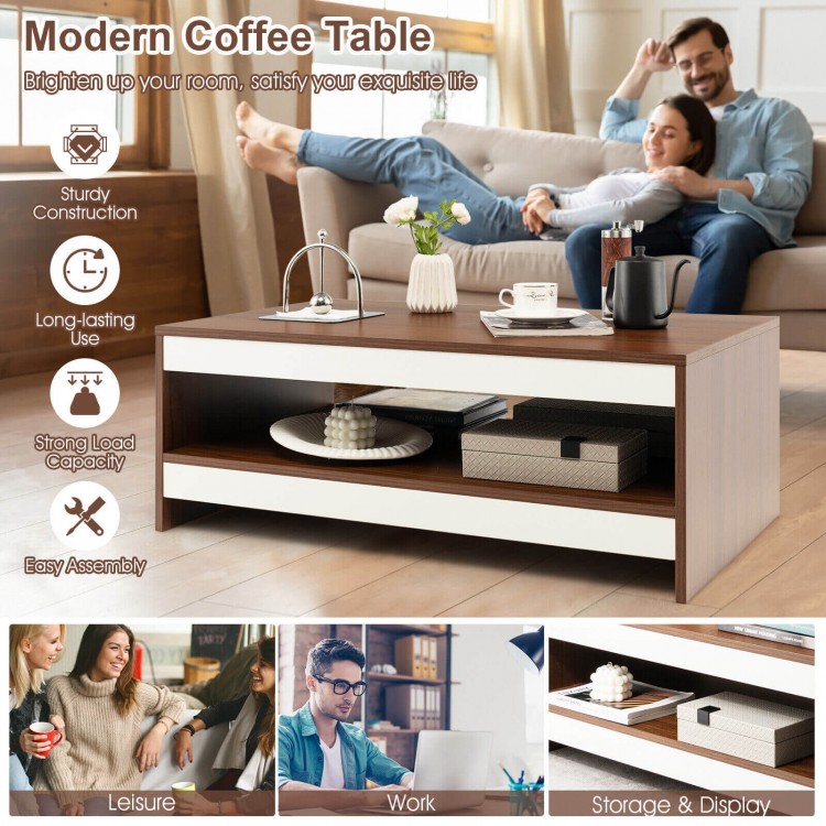 Rectangle wooden coffee table with storage shelf, modern design, sturdy construction, ideal for living room or office.