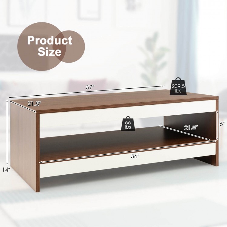 37-inch wooden coffee table with storage shelf, featuring a modern design and sturdy structure for living room use.