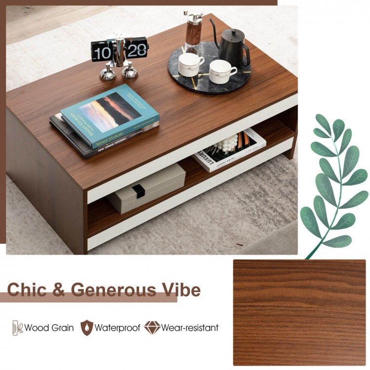 37-inch wooden coffee table with storage shelf, featuring a waterproof surface and modern design for living room use.