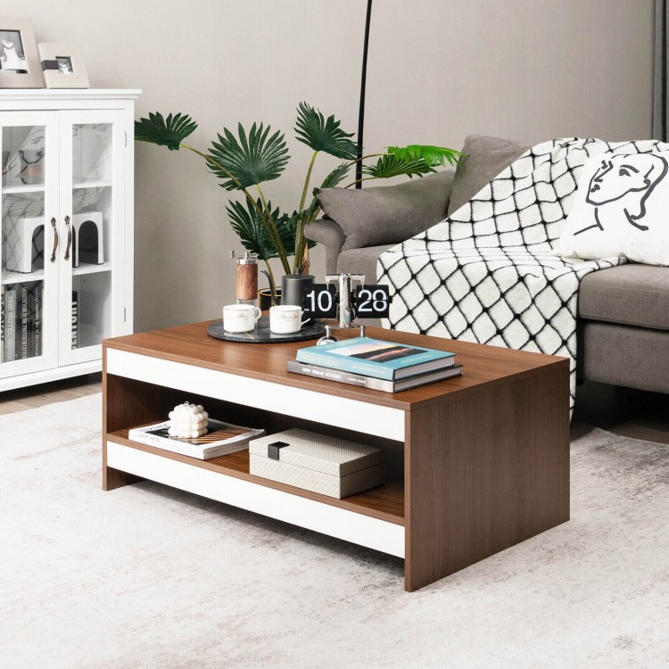 Rectangle wooden coffee table with storage shelf, modern design, suitable for living room or office, easy to assemble.
